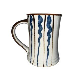 Handmade Ceramic Mug With Blue Wavy Stripes & Tan Accents